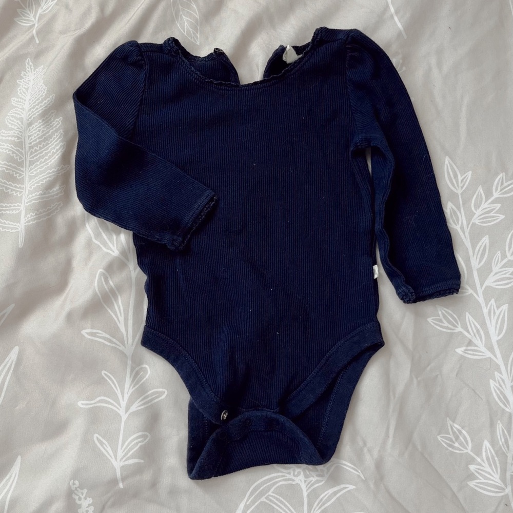 navy blue organic cotton lace trim onesie